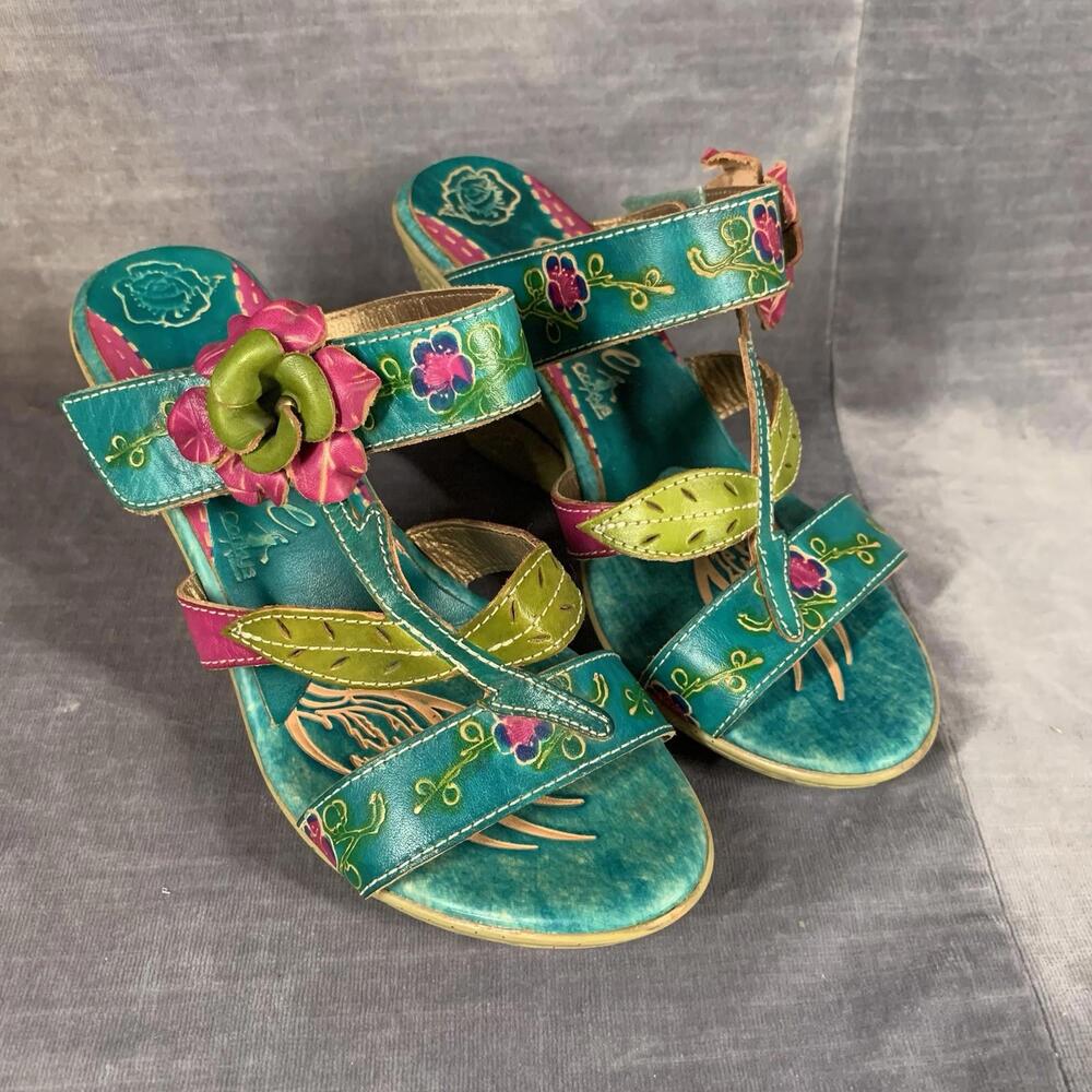 Elite by Corkys Womens Leather Sandals US 6 EU 36 Colorful Floral Strappy Shoes
